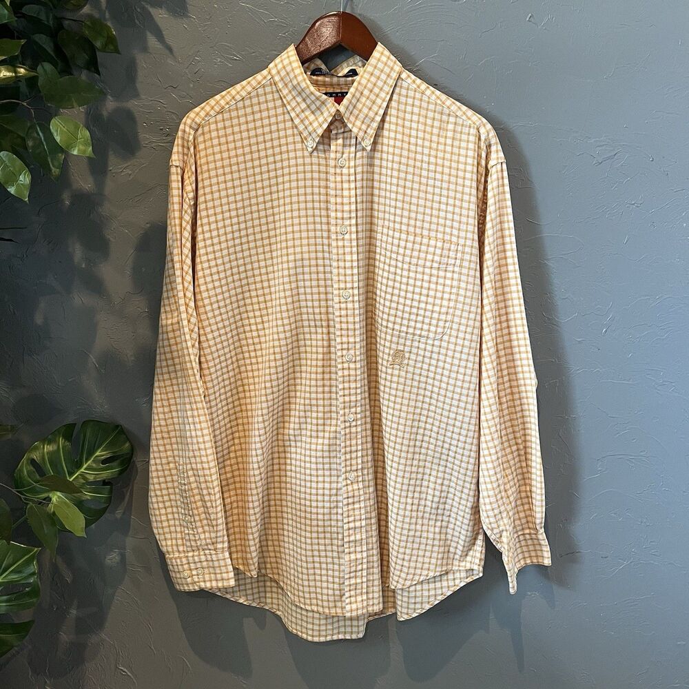 VTG Tommy Hilfiger Gingham Shirt L Yellow Plaid Button Down Preppy Academia